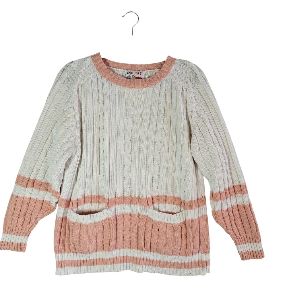 Vintage 90s Cable Knit Varsity Tennis Sweater Pink Cream Womens M‎ Distressed